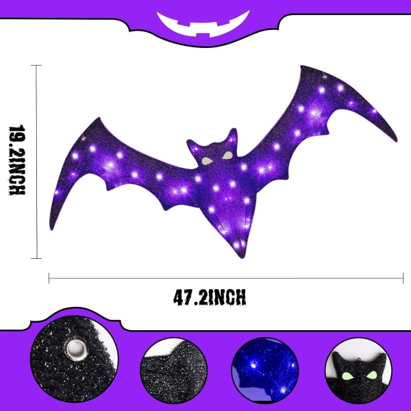 Halloween-dekorasjon, hengende flaggermus med glitter og 30 lilla LED-lys