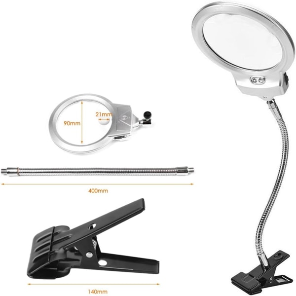 2,5 x 10 x Fleksibel Metal Skrivebords Luplampe med Klemme og 2 LED
