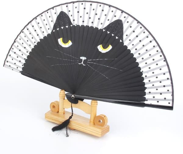 Bambus Silke Folding Fan med Kattemønster Håndvifte
