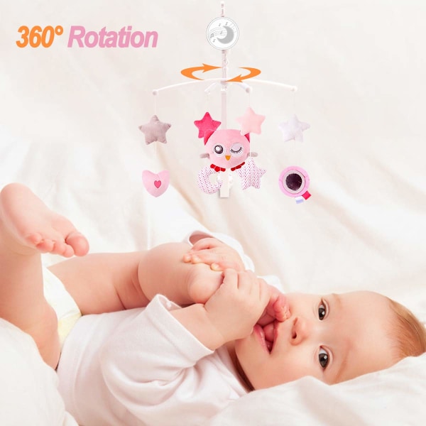 Musikalisk baby mobil med hängande roterande plyschrosa ugglepenna