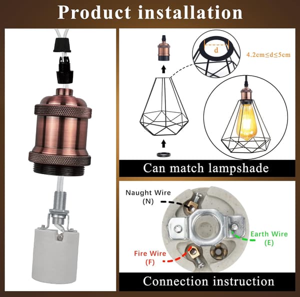 E27 lampefatning, Edison vintage pendellampe, solid keramisk adapter