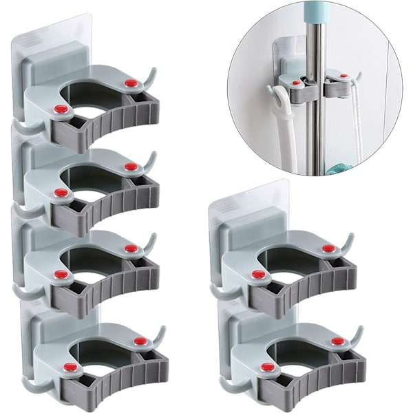 6 stk selvklebende kosteskaftholder, kosteskaftkrok, veggmontert mopp og holder