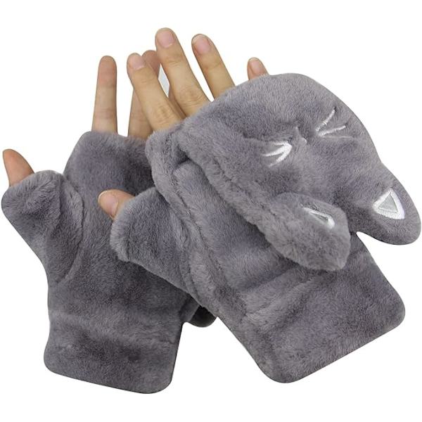 Mjuka och varma gråa damhandskar i plysch med söt kattdesign