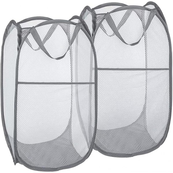 Grå sammenleggbar klesvaskurv, 2-pakning, Pop-Up Mesh Laundry Bask