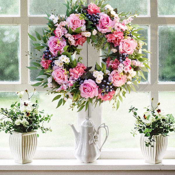 Konstgjord rosblomma krans dörrkrans med gröna blad jul festival krans för ytterdörr, bröllop, vägg, heminredning