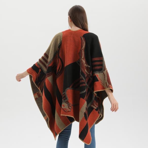 Orange Dam Poncho Mode Hingst Mönster Stickad Varm Cardigan