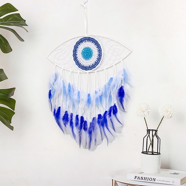 Macrame Dream Catcher med Onde Øje Håndvævet Hvide Fjer Dreamcat