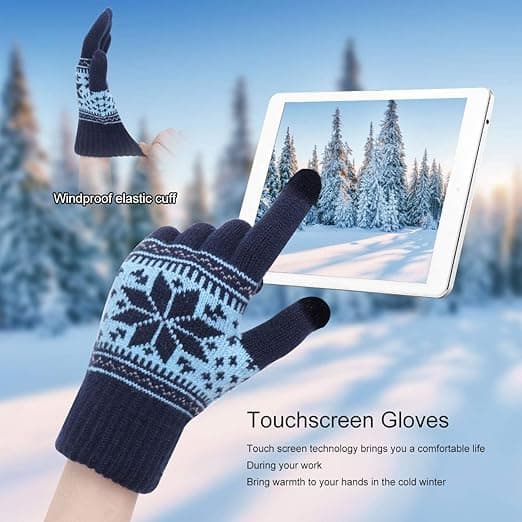 Touchscreen-handskar för kvinnor, 1 par stickade handskar för att hålla värmen, unisex-vantar, touchscreen-vantar, varma vantar, snöblommönster (blå)