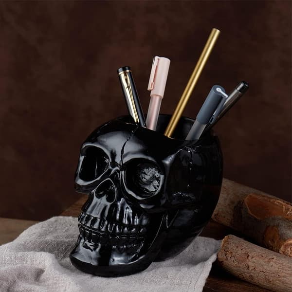 Sort kraniepenne- og blyantholder, skeletnøgleholder, makeupbørste