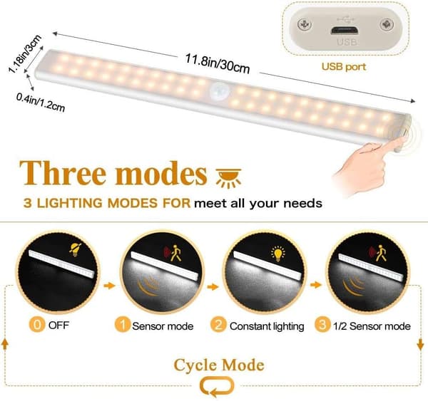 40 LED-skaplys, bevegelsessensor skaplys, USB-oppladbar
