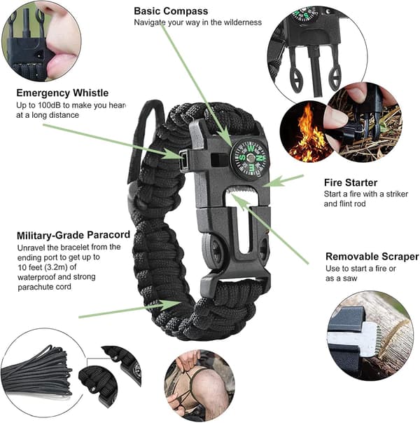 3-pack Flint Survival Paracord Armband, Eldstarter, Skrapa, Kompass