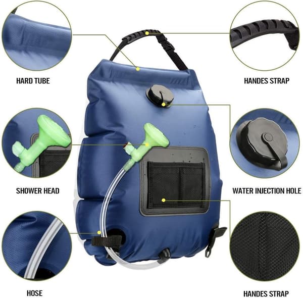 Solcelledrevet brusepose til camping, 20L solcelledrevet brusepose