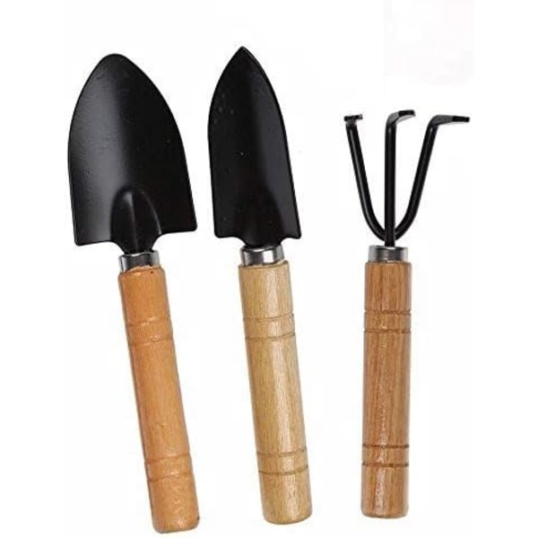 3 stk hageverktøy, liten spade, rive og spade med treskaft for