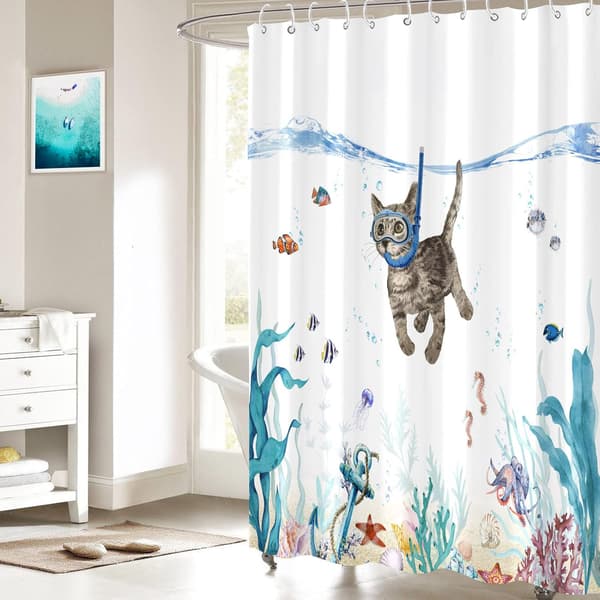 Hauska kissa suihkuverho sininen meri valtameri vedenpitävä kangas Sh
