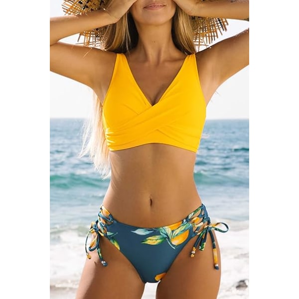 Kvinnor Rynkad Twist Bikini Set Blommig Tryck Spets Upp Bikini Set 2 P