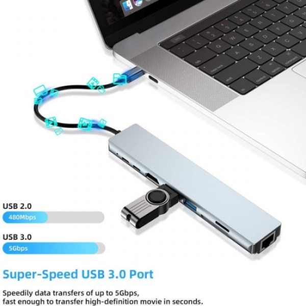 8 i 1 USB HUB Type-C splitter 4K HDMI PD ladedokking USB 3.0