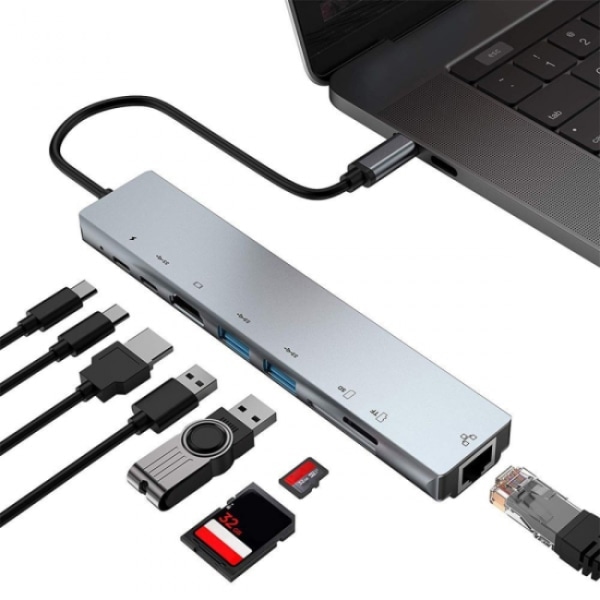 8 i 1 USB HUB Type-C Splitter 4K HDMI PD Ladestasjon USB 3.0