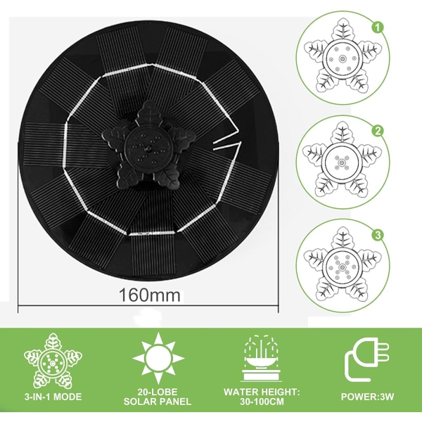 Solcelledrevet fontenepumpe 3W, 4 i 1 for solcelledrevet fontene, 3W solcelledrevet dam P