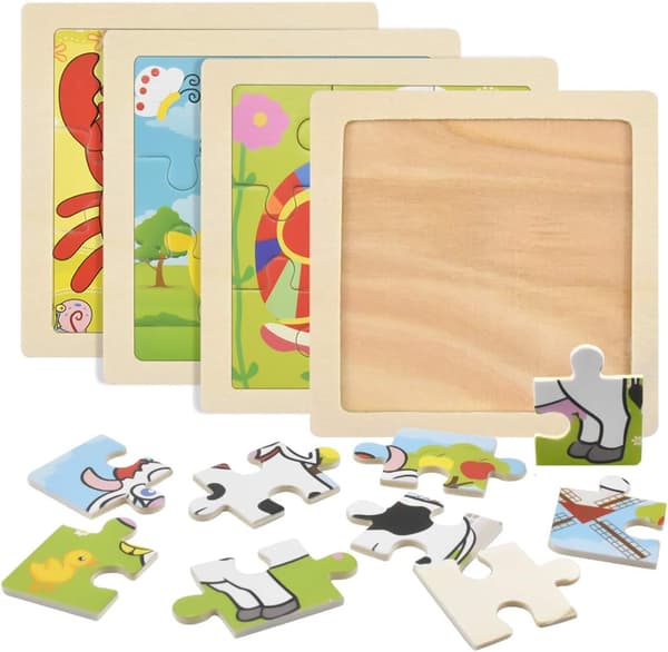 Träpussel för småbarn, Mini Kids Jigsaw Toy, 4 Pack 9 Piece