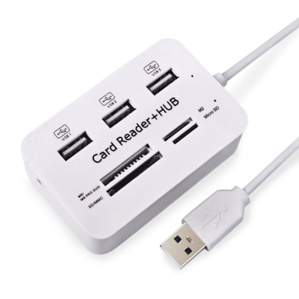 USB 2.0 Minneskortläsare + USB Hub (Hög hastighet) Vit
