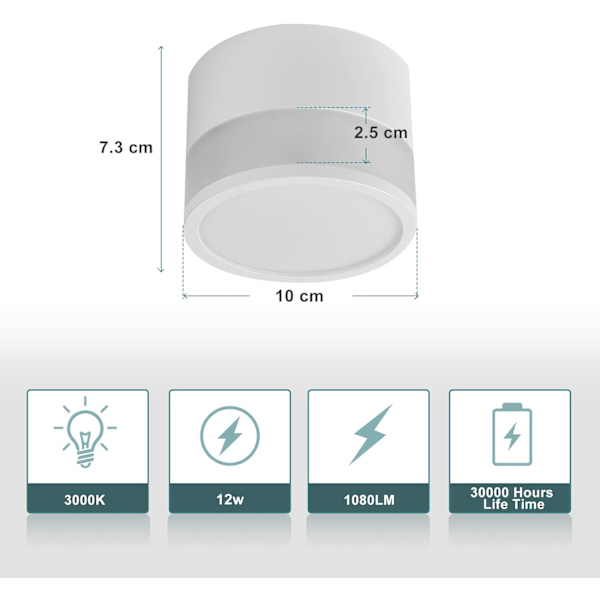 LED-spot taklampe 12W 3000K Rund Hvit Varm Hvit Tak L