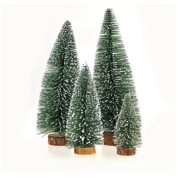 4 stk lite juletre, minijuletre, minifuru, flaskebørste falske trær med trebunn for borddekorasjon (plantegrønn)