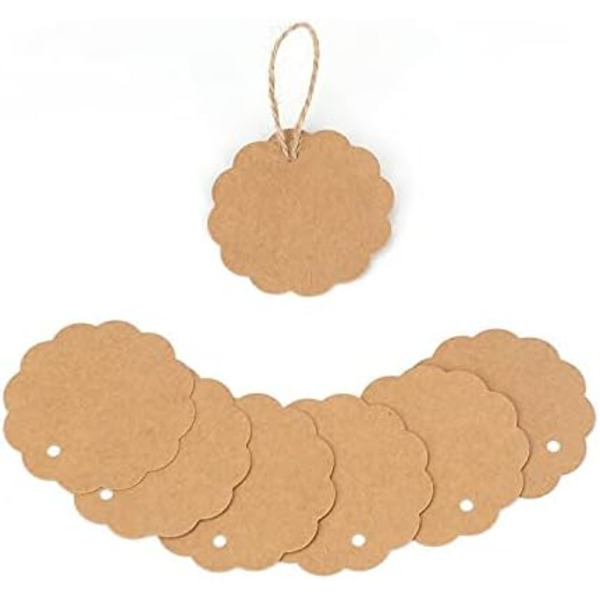 Runda Kraftpappersetiketter 5,2x5,2cm, 100 st presentlappar med jutesnöre