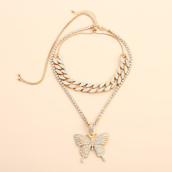 Trendig Hip-Hop Trendig Full Diamond Cuban Spänne Hänge Halsband Fjäril Temperament Diamant (Guld)
