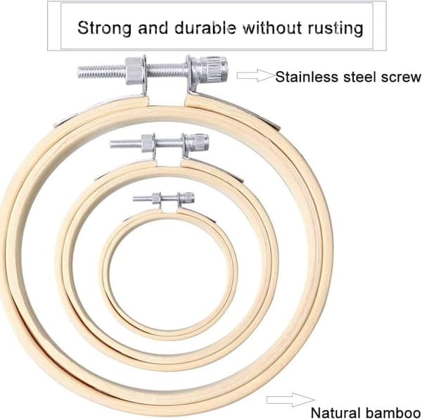 3 stk. runde broderirammer i bambus, runde krydsstingrammer