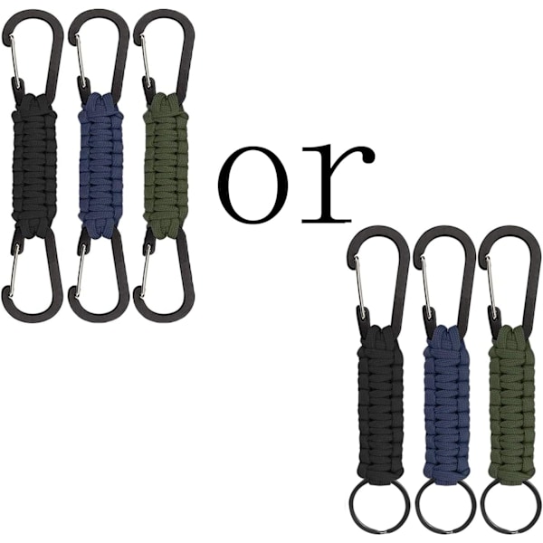 3 st flätade karbinhakar, Paracord med karbinhake, flätad rep