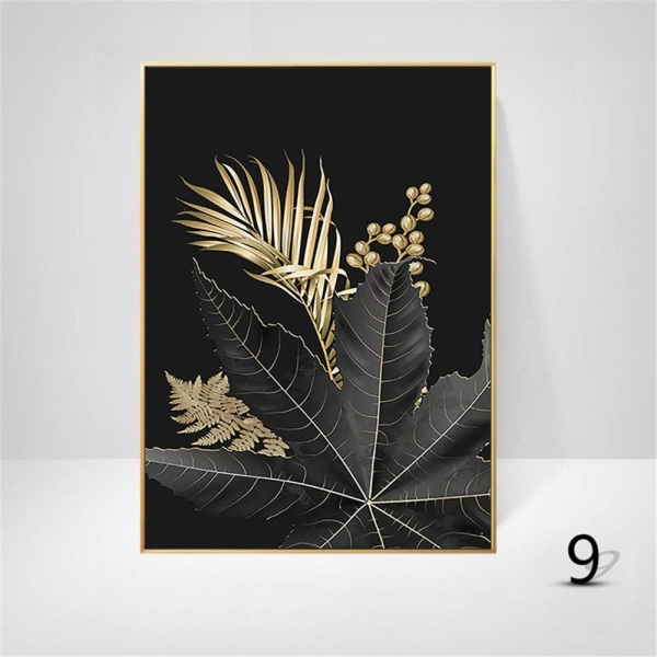 Set med 3 designväggaffischer med skog, bladguld, palm, ram
