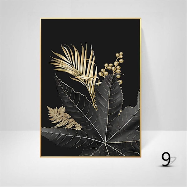 Set med 3 designväggposters med skog, guldblad, palm, ram