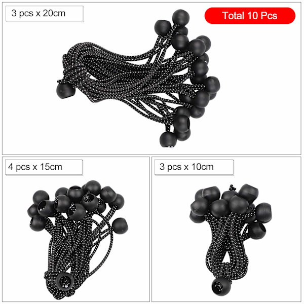 10 st gummispännare med kula, 3 st x 10 cm + 4 st x 15 cm + 3 st x 20 cm