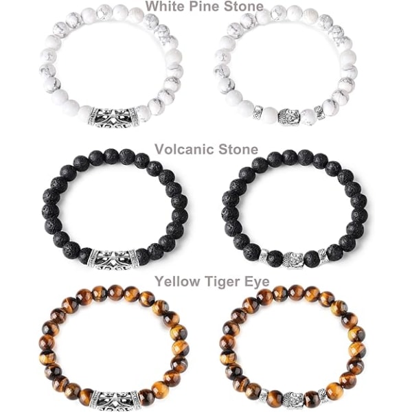 Beaded Bracelets for Men Yellow Volcanic Stone Tiger Eye Bracelet Pin White Buddha Bracelet Rock Gothic Punk Elastic 8MM Bracelet Set 6PCS