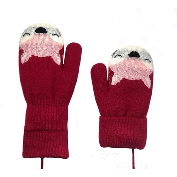 Toddler Barn varma tjocka stickade fingerlösa handskar med snöre för 1-3 år barn (röd)