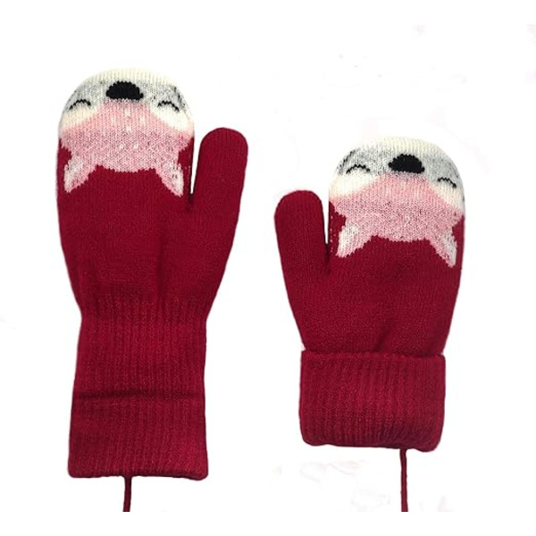 Varma tjocka stickade fingerlösa vantar för småbarn med snöre för barn 1-3 år (röda)