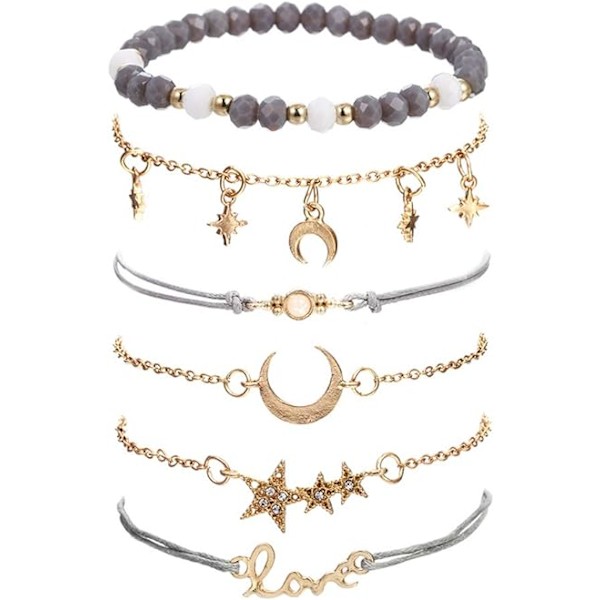 6 stk. Stjerne Måne Armbånd, Perlearmbånd til Kvinder, Justerbar Ch