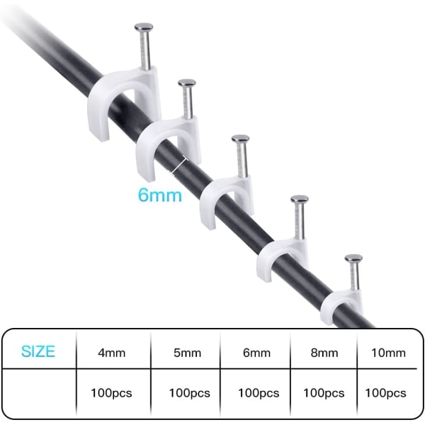 500 kpl pyöreitä kaapelilukituksia teräsnaulalla, 5 eri kokoa 4mm/5mm