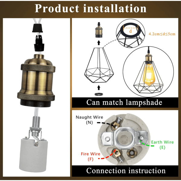 E27 lampebase, Edison vintage pendellampe, solid keramisk adapter