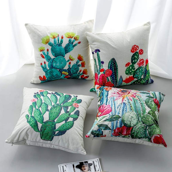 4 stk. Middelhavsk pudebetræk Kunstner Kaktus Plante Mønster Pudebetræk til Sofa Hjem Stue Soveværelse Hjem Indretning, 45x45cm, Sæt af (Kaktus)