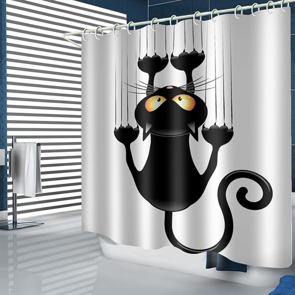 Musta humoristinen kissakuvioinen DIY-suihkuverho koukuilla 120 * 180 cm