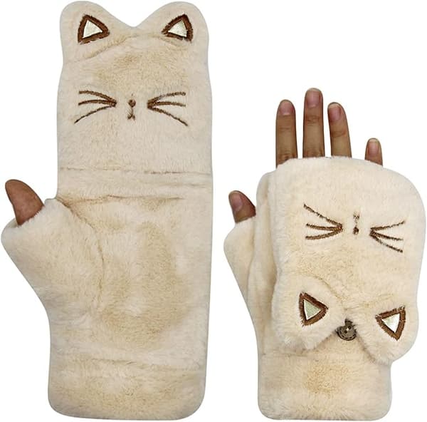 Varme og bløde beige handsker til kvinder, plys, sød kat,