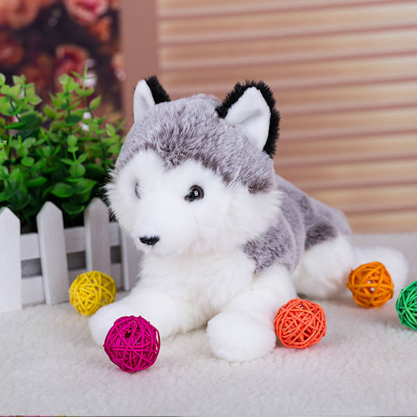 Sød Siberian Husky plyslegetøj liggende (25cm hunde dukke (grå)