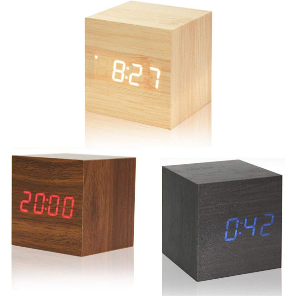 Trä Mini Digital Klocka Väckarklocka med Temperatur Tid Display 3 Ljusstyrka Nivåer och Röststyrning Ideal för Resor Hem
