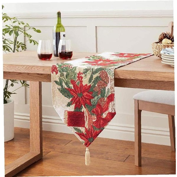 Christmas Table Runner, Table Jacquard Flag Poinsettia Red Flower Tassel Home Tablecloth Placemat Festival Decoration (33 * 180cm)