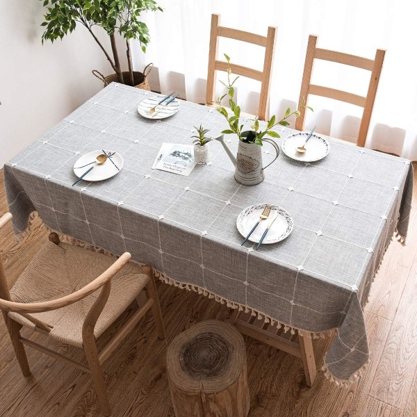 Splejs støvtæt dug, rektangulær pompon dug, dug til køkkenbord og sofabord dekoration, (140*220 cm, grå ternet)
