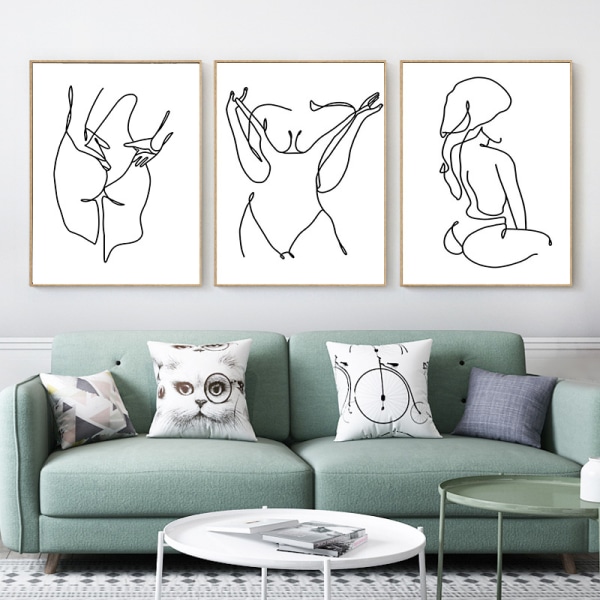 Line Art Prints Fashion Kvinder Kunsttryk Sæt af 3 Sort & Hvid