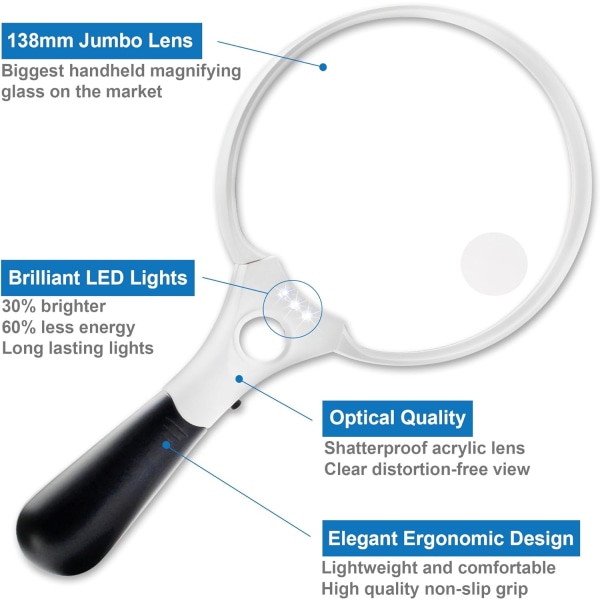 Stort forstørrelsesglas med LED lys - 2X 4X 10X forstørrelsesglas