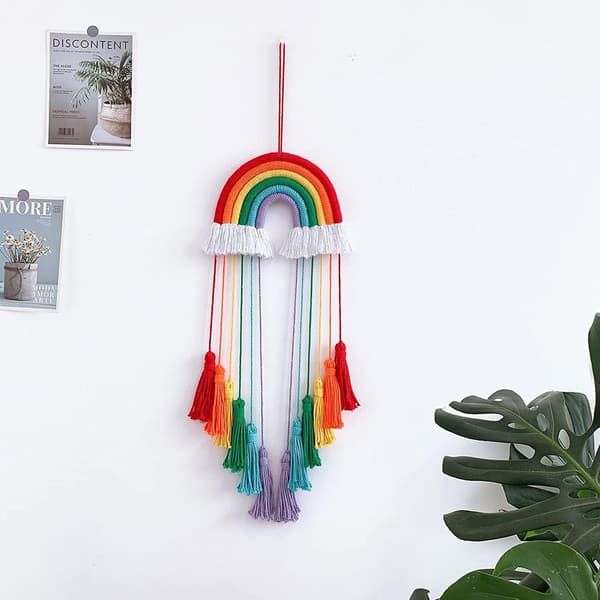 Goodchanceuk Macrame Regnbåge Väggdekor Pom Poms för Barnrum