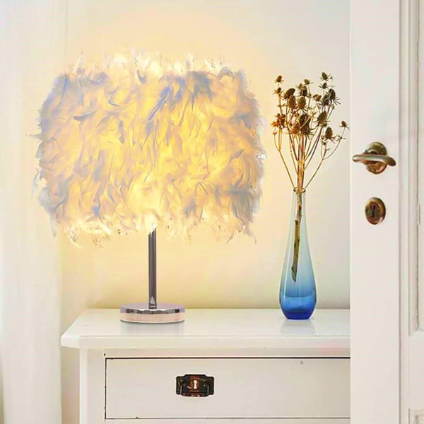 Fjerlampe Hvid Sengebordslampe Fjer Lampskærm Bord